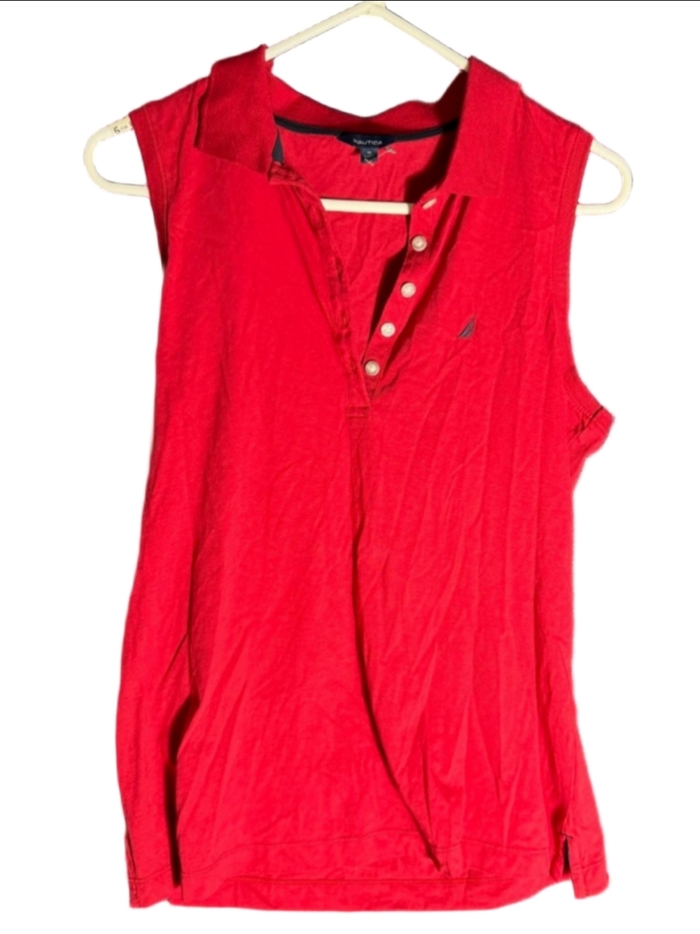 Women's Nautica Red Sleeveless Polo Tank Top M White Buttons Golf Tennis Athlete